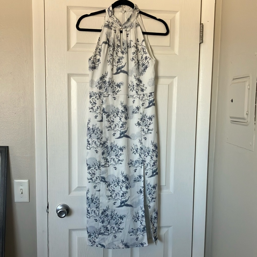 Elegant White and Blue Elephant and Wildlife Pattern Halter Dress